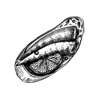Little smoked sprats sandwich hand drawn illustration. Vector canape with canned fish, bread, and lemon sketch isolated on white background. Party finger food with tinned sardines  for menu design